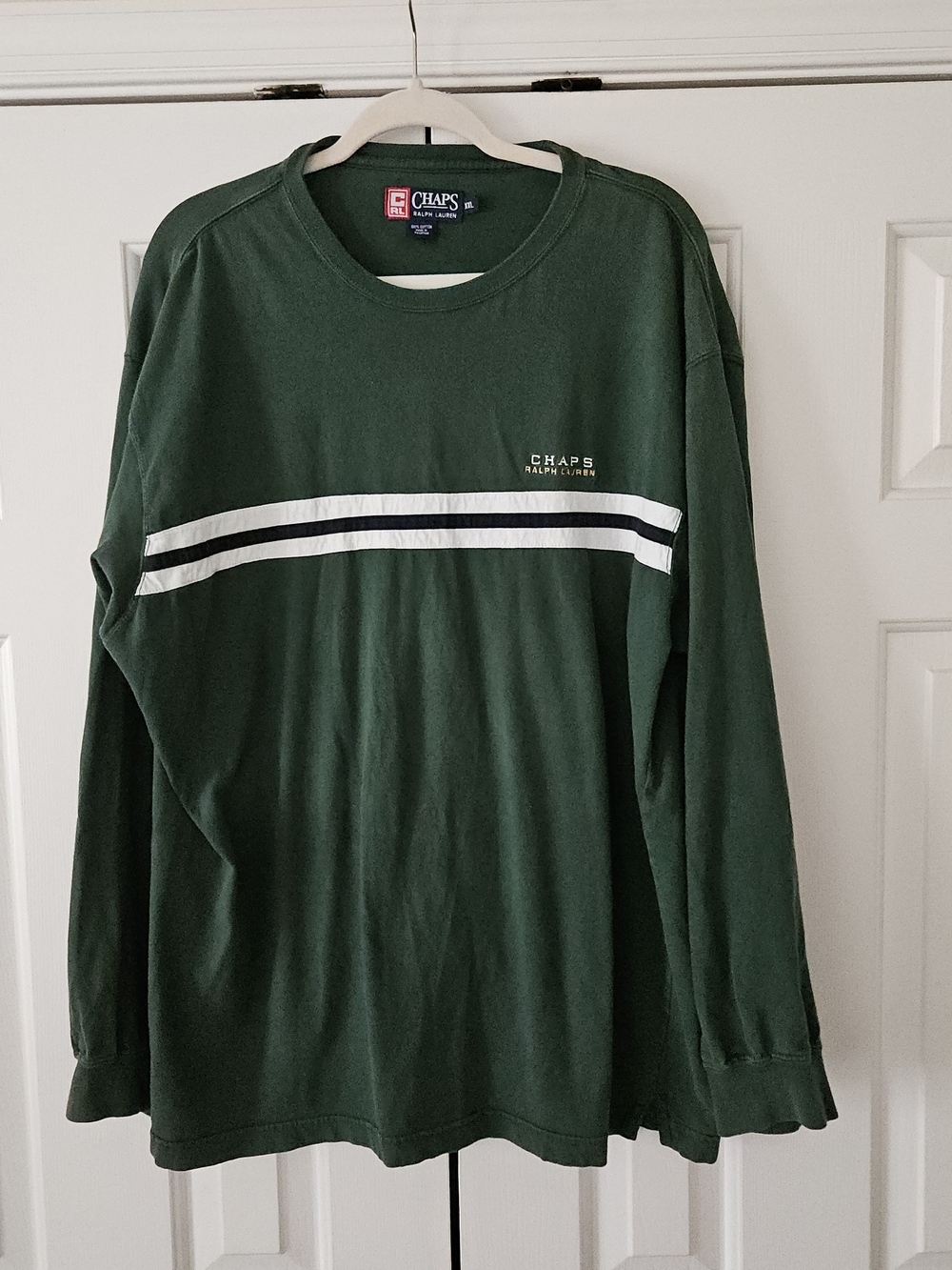 VTG Chaps Ralph Lauren Men's 2XL Green Striped Cotton Long Sleeve Crew Neck Tee.